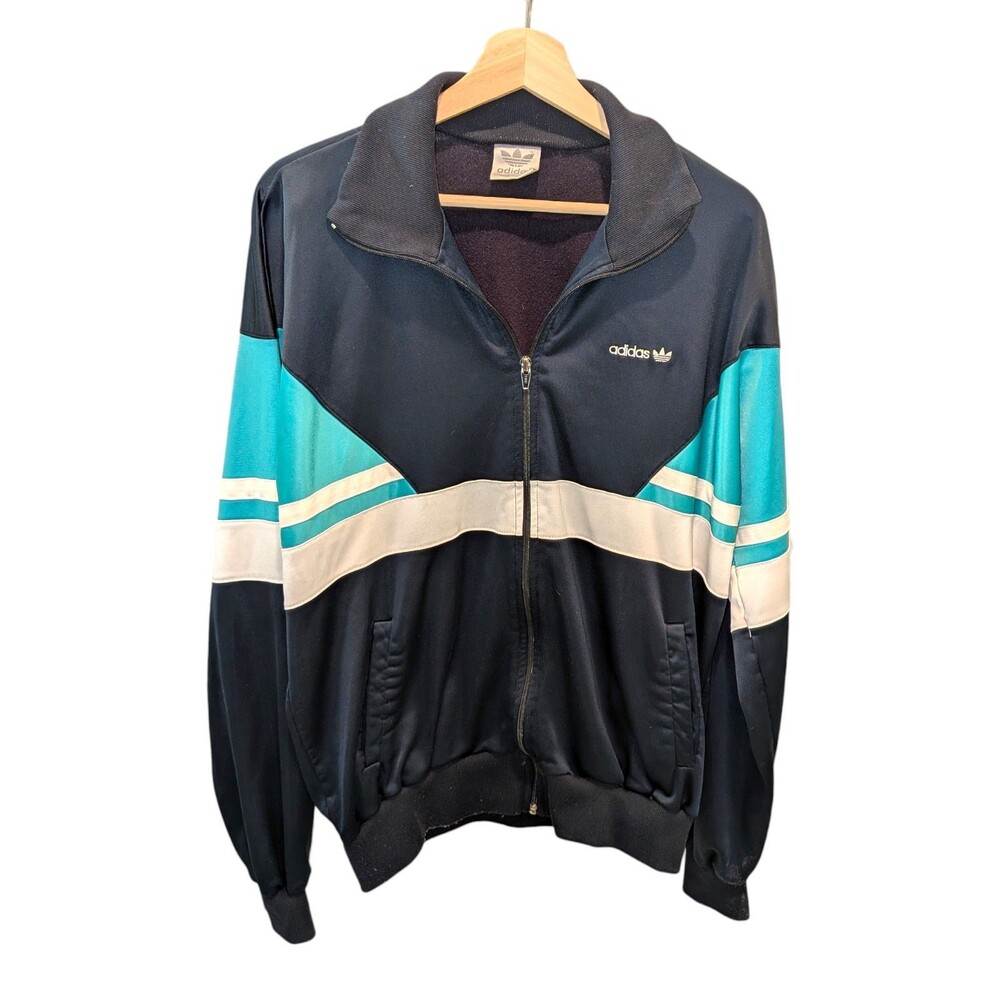 Vintage 80s Adidas Originals Track Jacket Navy Teal Colorblock Made in USA Large